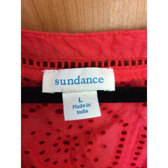Sundance 100% Cotton Red Eyelet Top LARGE V Neck 3/4 Sleeve Feminine Elegant L - Picture 3 of 8